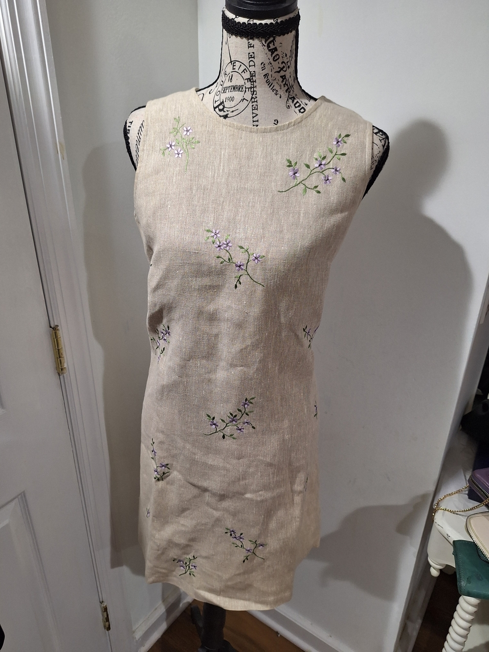 Talbots Beige Linen Shift Dress with Lavender Floral Embroidery